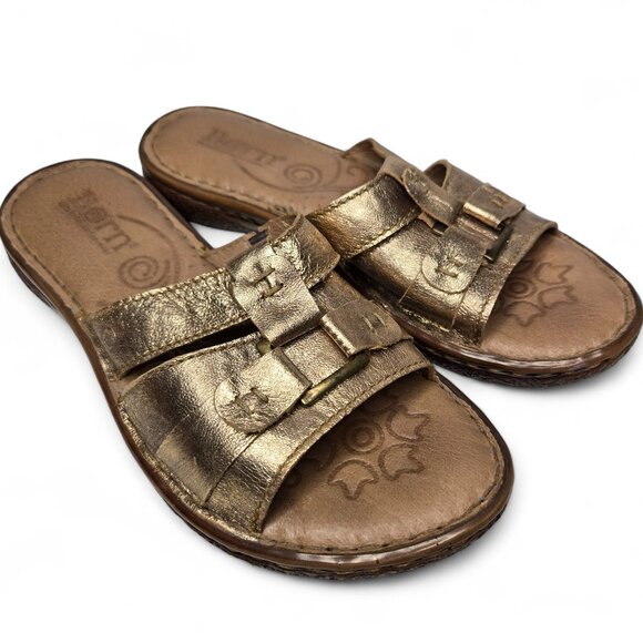 Born Beatrice Metallic Gold Sandals Women's Comfy Padded Insole Open Toe 7 - Picture 1 of 8
